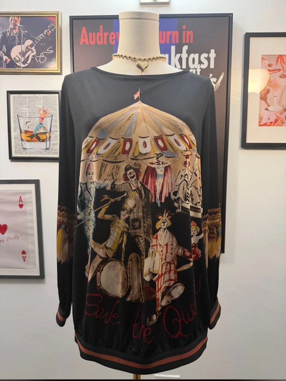 Rare Save the queen jersey long sleeve top featuring a graphic circus print